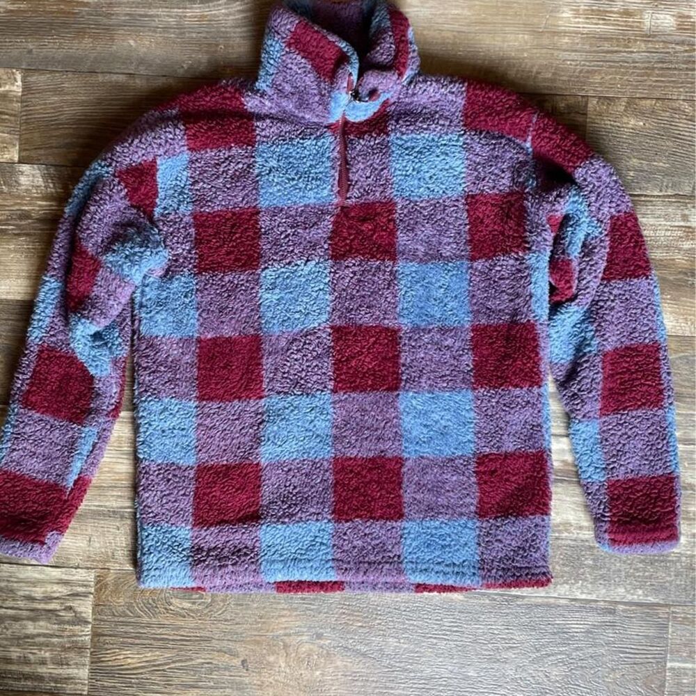Women’s Eddie Bauer blue and red plaid fleece quarter zip sweatshirt